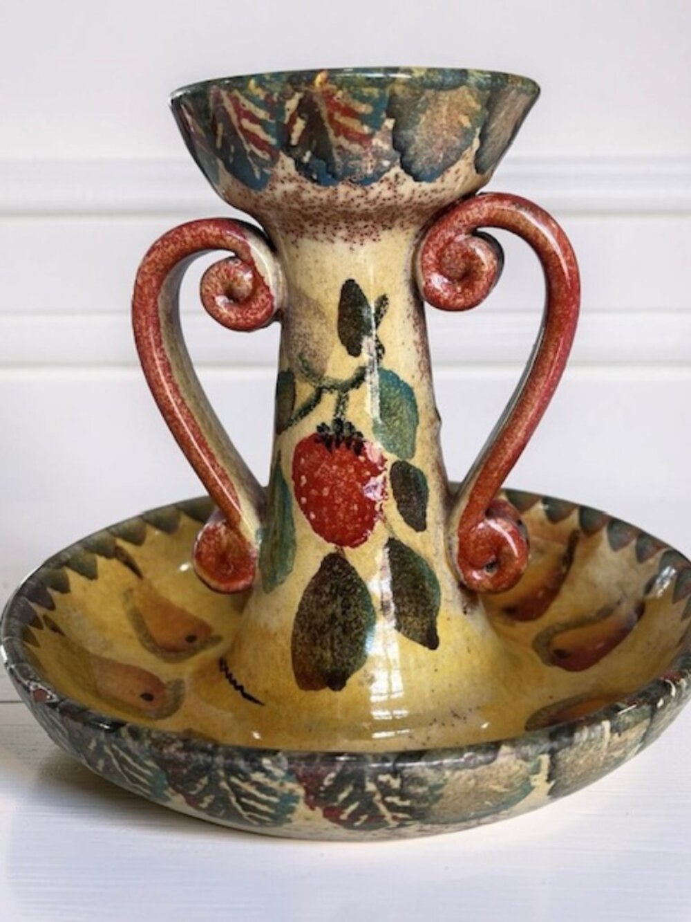 Large Umberto Carro Positano Italy Ceramic Candle Holder w/ Bowl Signed